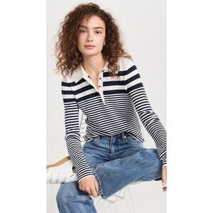 Veronica Beard Navy Blue Cream Striped Raj Polo Sweater Top XS 100% Merino Wool